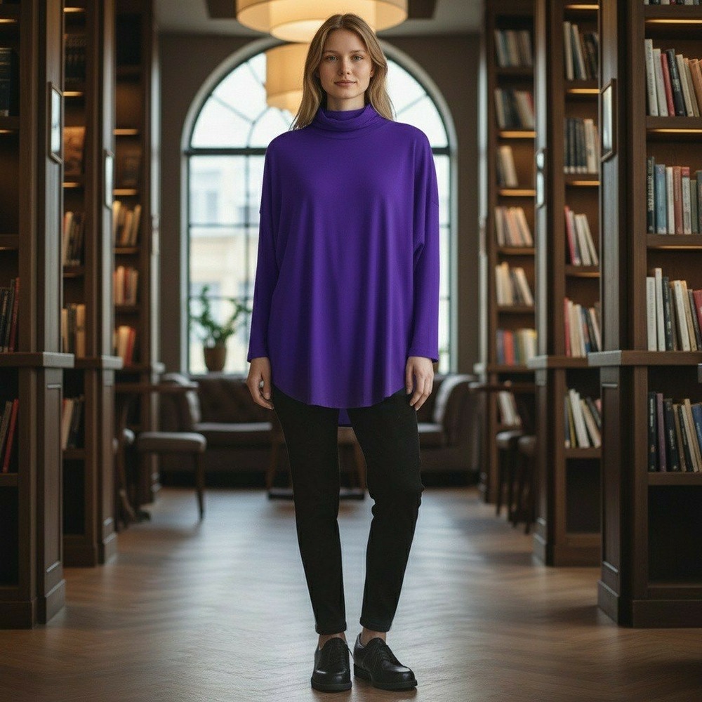 Eileen Fisher Purple Turtleneck Long Sleeve Stretch Tunic Top Large Drop Sleeve